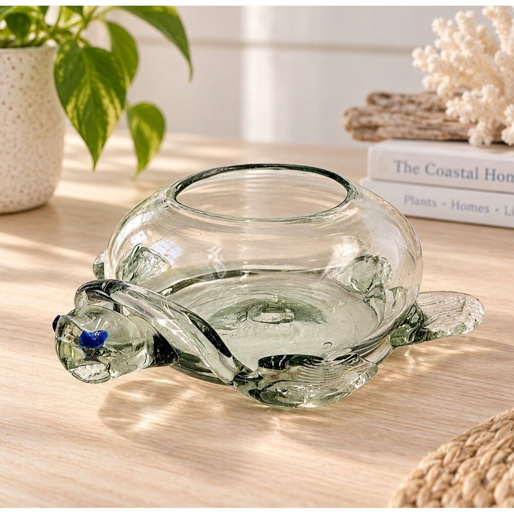 Hand Blown Glass Turtle Terrarium Planter Blue Eyes 8” Art Glass Vintage